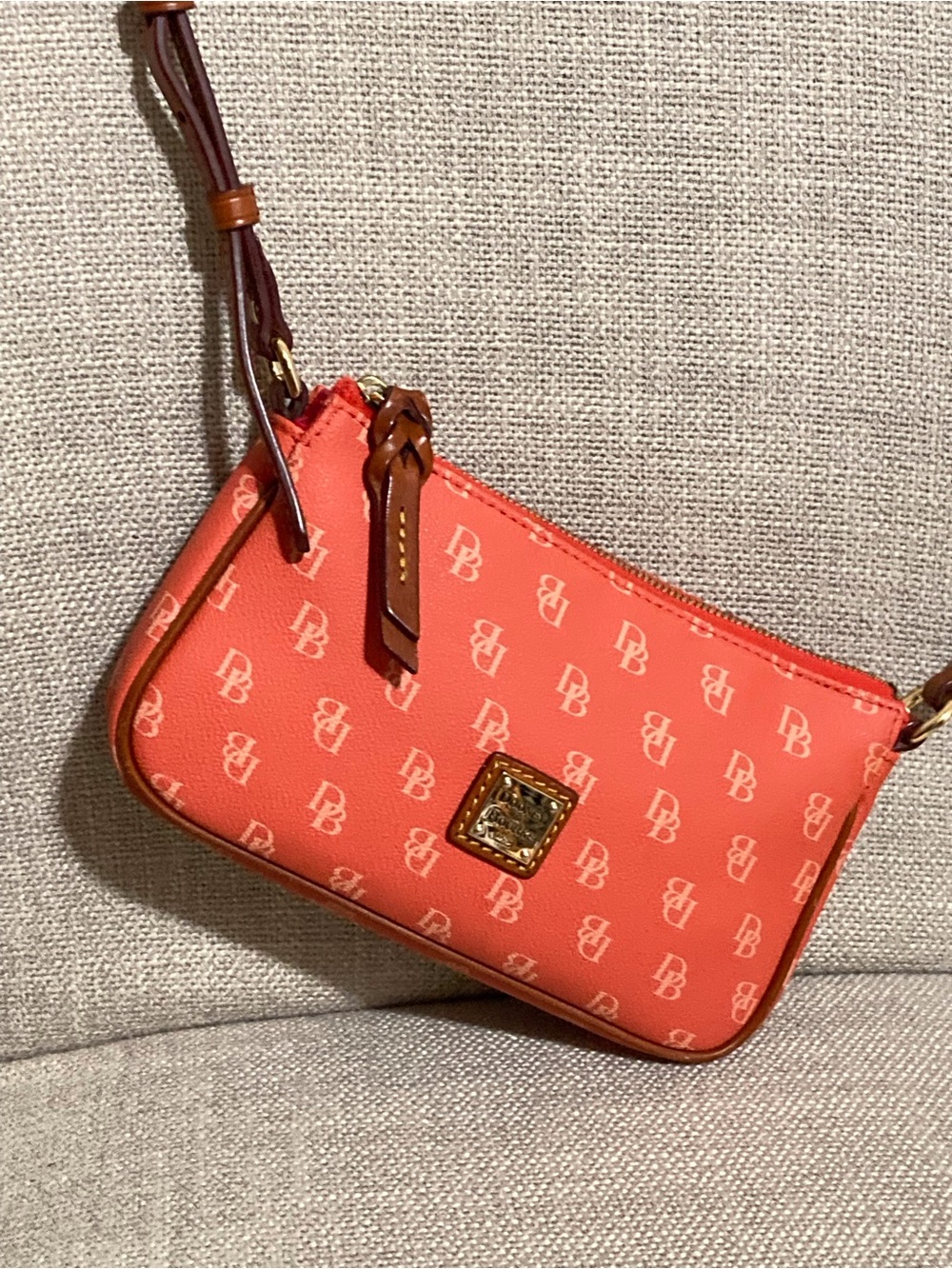 Dooney & Bourke Coral Logo Mini Wristlet with Brown Trim